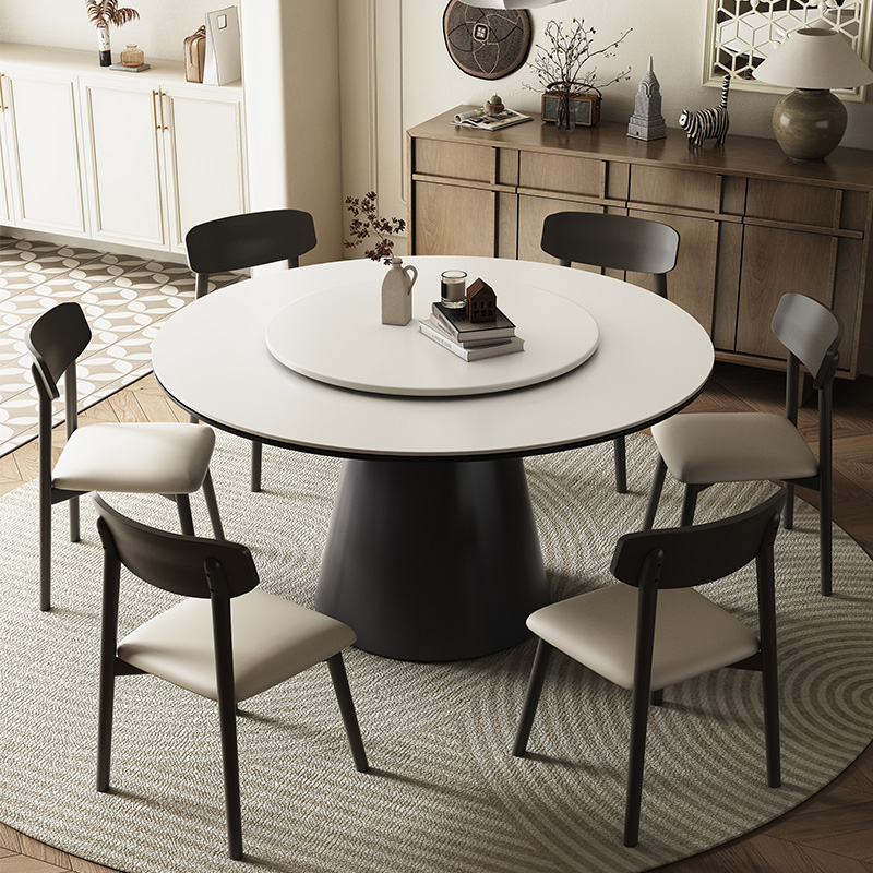 Modern Minimalist Solid Wood Round Slate Dining Table and Chair Set for Home Use with Turntable, Induction Cooker, Round Table, Installation Included
