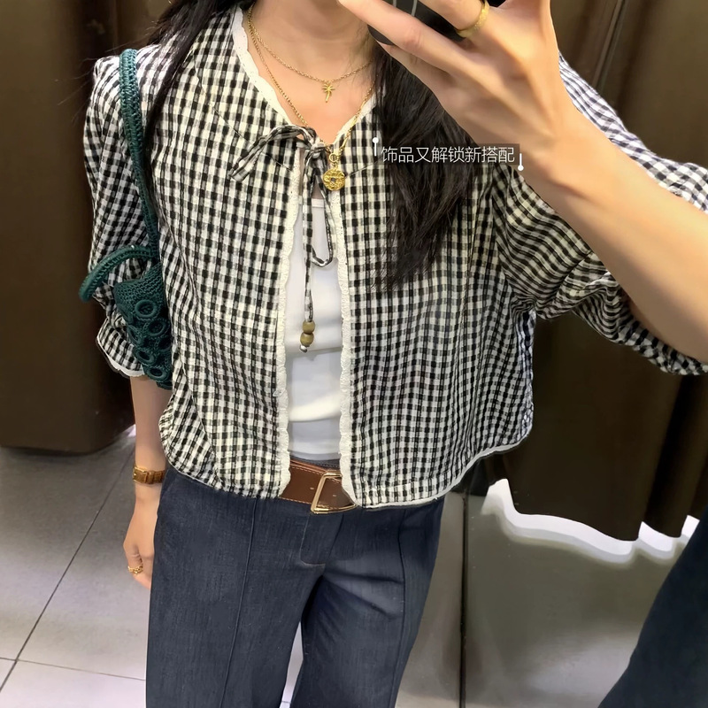Summer New Retro Style Light Luxury Lace Crochet Patchwork Small Checkered Tie-Up Slimming Blouse Top 3046105