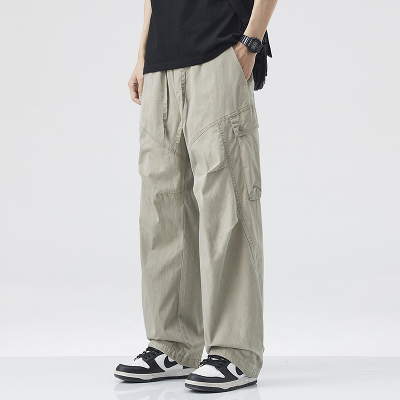 Summer Khaki Straight-Leg Multi-Pocket Cargo Casual Pants Men's Stretch New Dirty Wash Loose Paratrooper Wide-Leg Pants