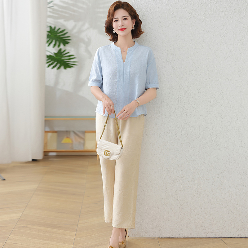 Fashion suit Western Style Middle-aged Seven-sleeve Shirt Two-piece New Summer Round Neck Casual Mother Cotton and Linen Top