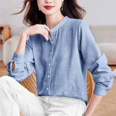 2025春秋高端银丝仿麻长袖单排扣立领宽松显瘦纯色女装衬衫上衣