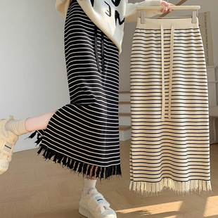 Pregnant Women's Dress Autumn New Retro Style Knitted Striped Skirt Casual Side Slit Tassel Mid-Length A- Line Skirt
