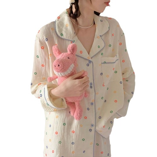 Baby Cotton Feel Sleepwear Set for Girls, Spring and Autumn, Winter Thin Long Sleeve Open Top Loose Gauze Sweet Teen Home Dress Set