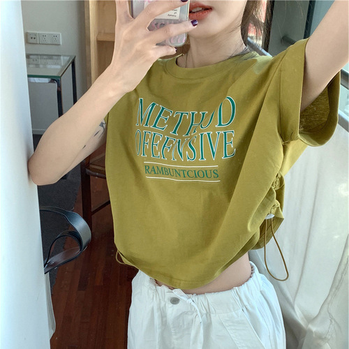 Design-sensual short-sleeved T-shirt for women in summer irregular niche Korean style chic drawstring loose short top ins