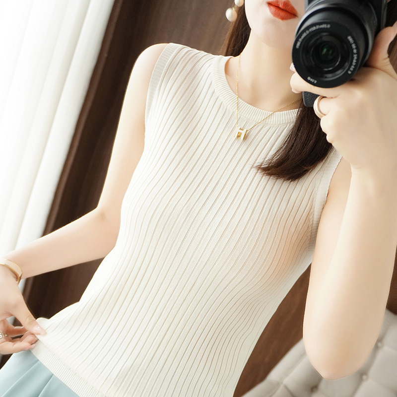 Summer New Ice Silk Bead Round Neck Sling Sleeveless Vest Women's Slim-fit Slimming Thin Knit Shirt Inner Wearing Outer Wearing