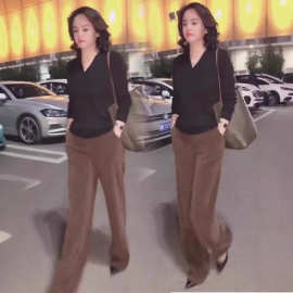 抖音瞿瞿秋季V领外套咖啡色灯芯绒直筒中腰阔腿裤长裤灯芯绒套装