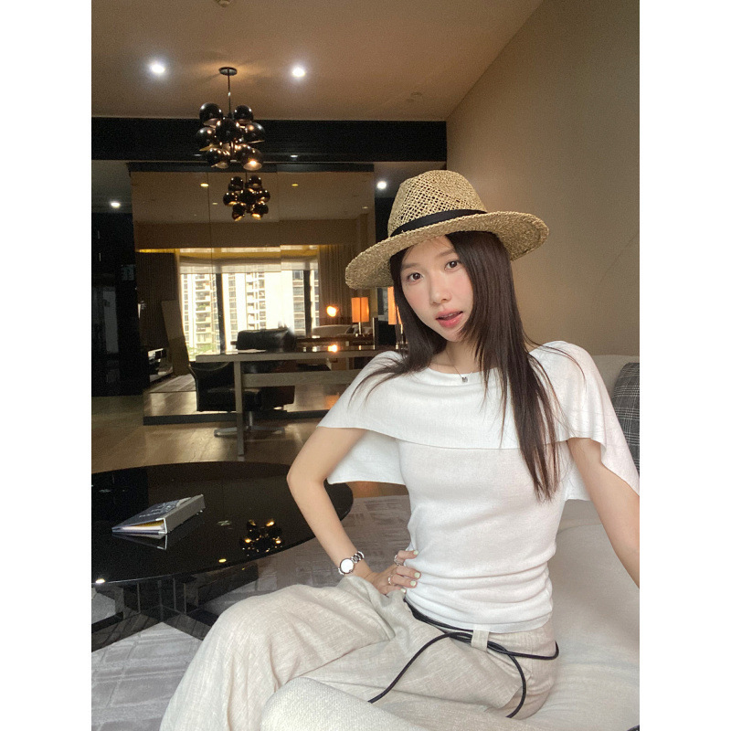 Korean-Style Lyocell Tencel Off-Shoulder Short-Sleeve T-Shirt for Women, 2026 Summer New Unique and Beautiful Women's Top
