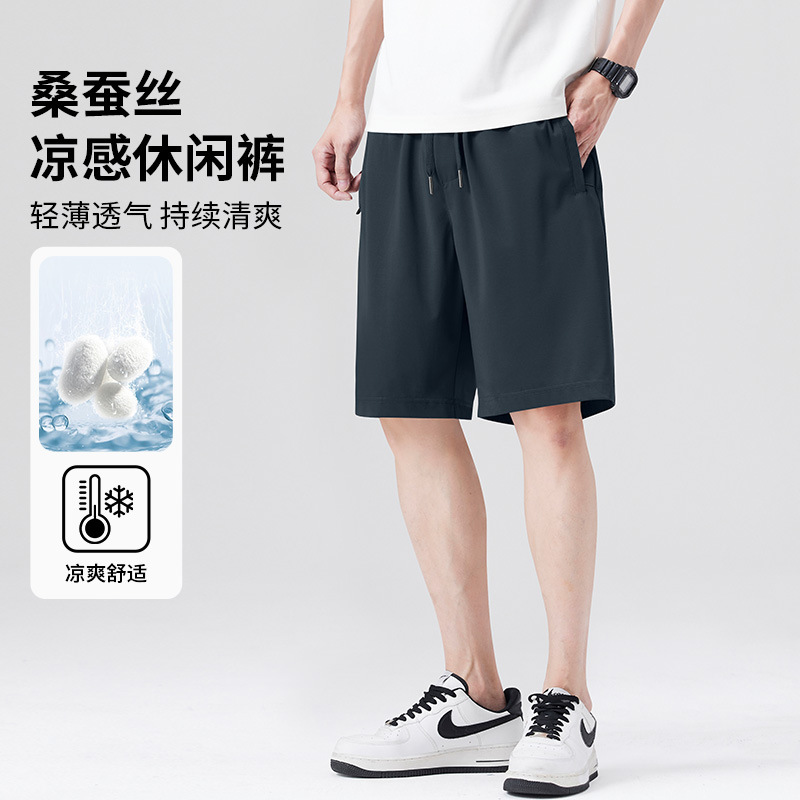 [High-End Mulberry Silk] Casual Shorts for Men, Summer Ice Silk Thin Style 2026 New Quick-Dry Loose-Fitting Five-Point Pants for Men