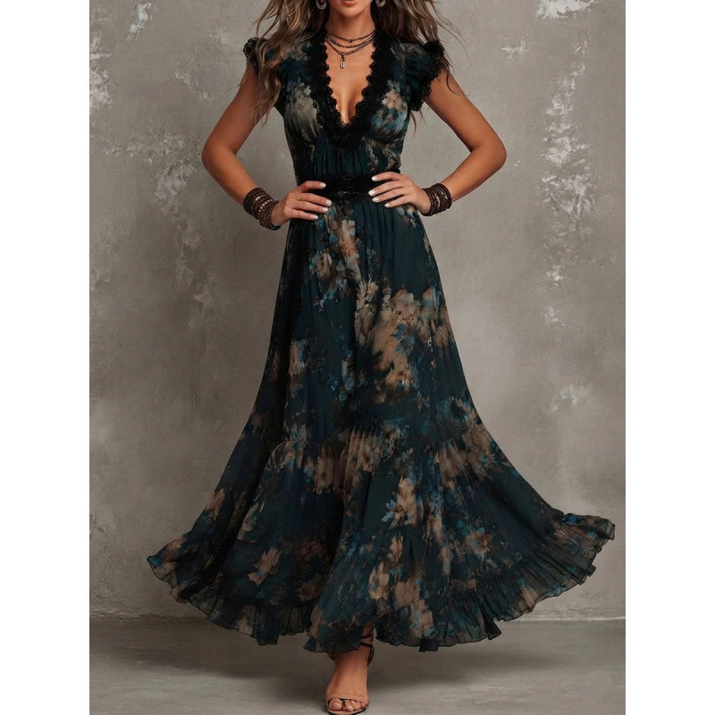 In stock 2026 vintage dark green gradient floral lace collar flutter sleeve waist-cinching long chiffon dress