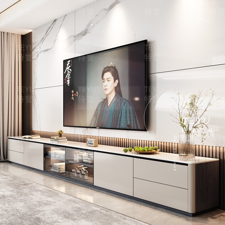 Solid Wood Slate Glass Door Coffee Table Tv Cabinet Combination Small Apartment Living Room 2025 New High-End Floor-Standing Platform