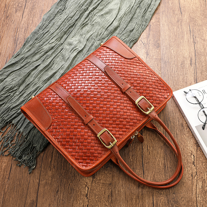 Zhuanshan Hand-Woven Women's Handbag Vegetable Tanned Top Grain Cowhide Leather Men's Office Briefcase Large Capacity Laptop Bag - Thumbnail 8