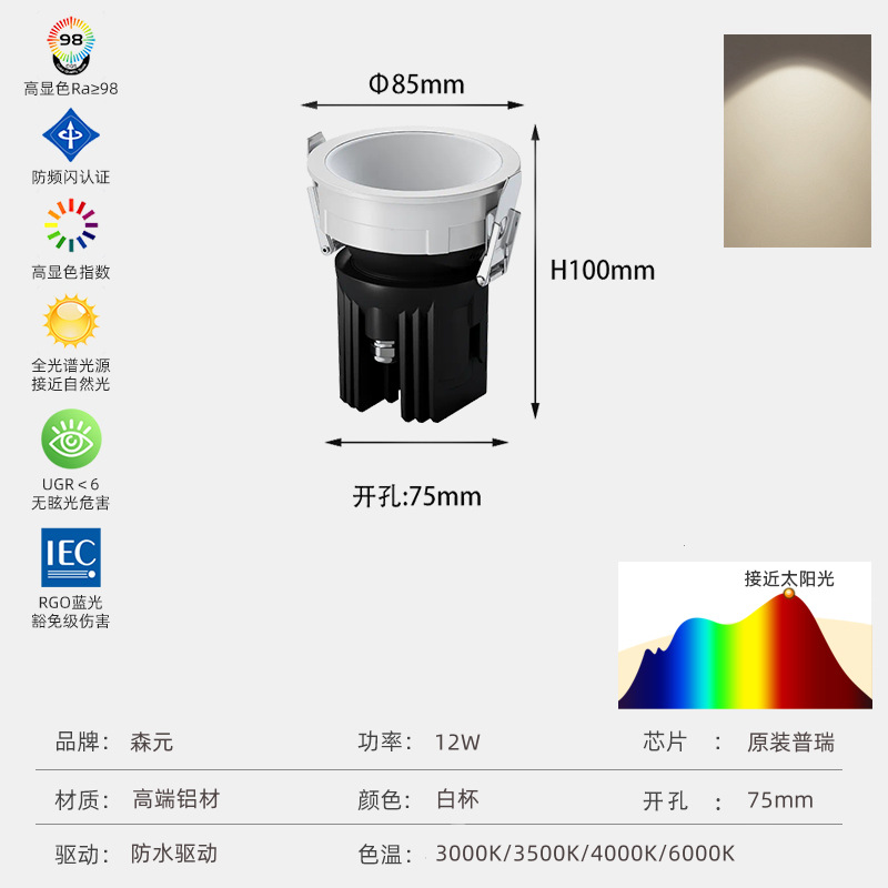 [ip65 thickened wall washing model] 12w white cup, opening 75mm