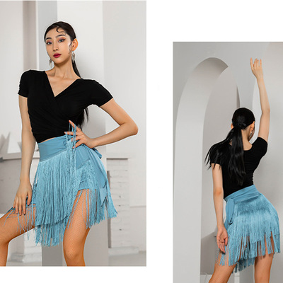 Blue fringe Latin dance skirts for women girls latin ballroom salsa chacha rumba dance hip scarf tied an apron with tassel wrap skirts Latin dance