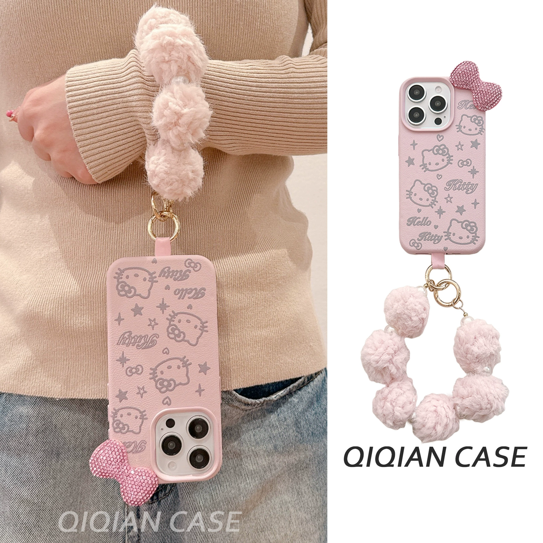 Чехол для телефона Hello Kitty, совместим с iPhone 11–17 серии, 3D бантик, имитационная кожа розовый с ремешком