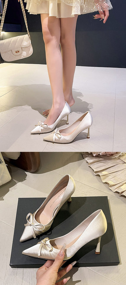 Giày cao gót nữ mũi nhọn gót 6–8 cm chất liệu nhung, thắt nơ, kiểu giày cưới cho cô dâu — Quả mơ (bổ sung), Đỏ (bổ sung) chi tiết 10