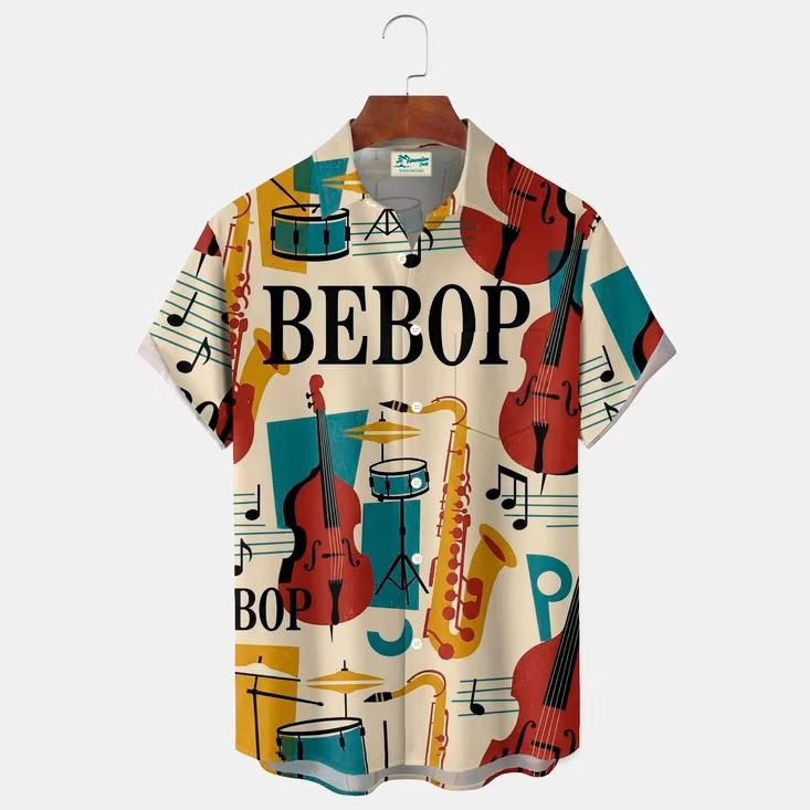 Retro Bop Jazz Instrument Print Short Sleeve Shirt American Style Trendy Loose Casual Hawaiian Shirt Retro Bop Jazz Instrument Print Short Sleeve Shirt American Style Trendy Loose Casual Hawaiian Shirt