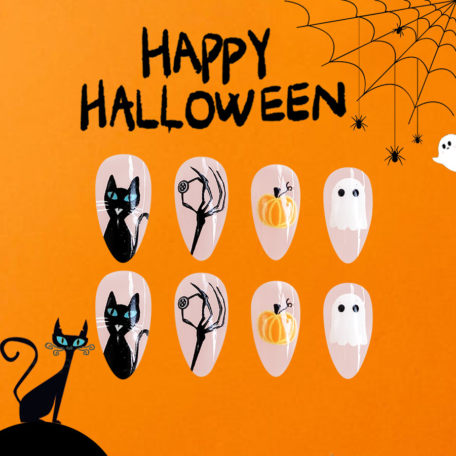 Cute Spider Web And Pumpkin False Nails For Halloween 24 Pieces_voghion.com