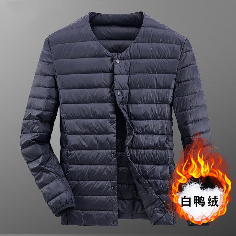 Chaqueta de plumón ligera transfronteriza para hombres y mujeres de otoño y invierno, chaqueta de abrigo caliente sin cuello, revestimiento de plumón ligero inferior se puede abrir