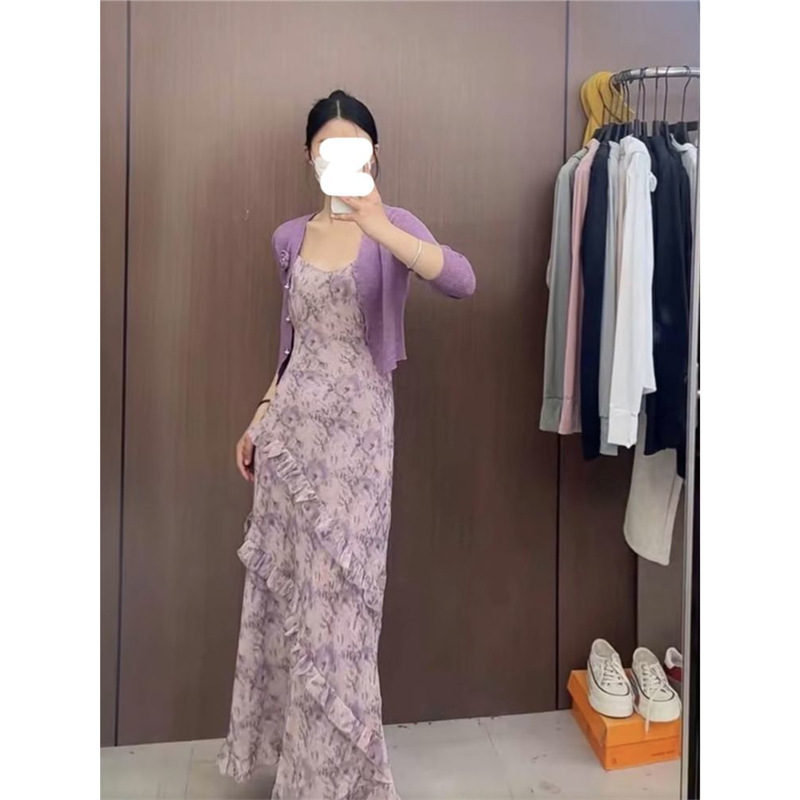 大码胖mm法式时尚高级感紫色碎花连衣裙夏季新款减龄开衫两件套女|undefined