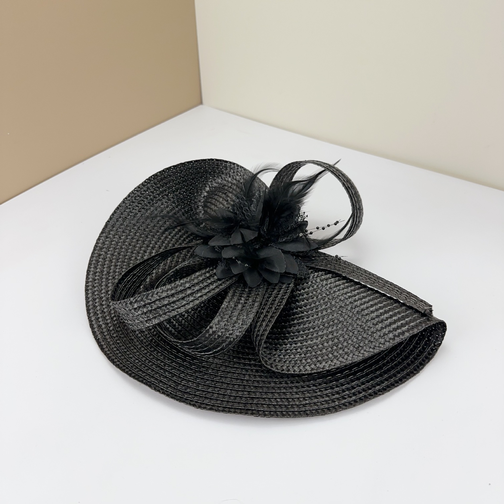 Creative European and American Cross-Border Fashion Faux Straw Hat Bridal Evening Handmade Floral Feather Headpiece Hair Accessory Large Hat