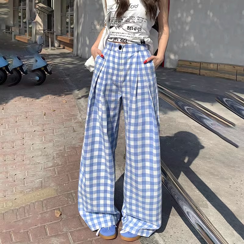 蓝色格子休闲阔腿裤女2025年夏季薄款新款高腰宽松慵懒风显瘦裤潮