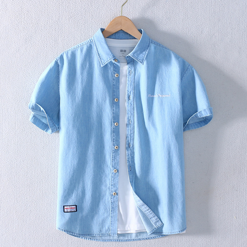 Summer Shirt Solid Color Denim Short-sleeved Summer Casual Square Collar Loose Sky Blue Embroidered Youth Shirt