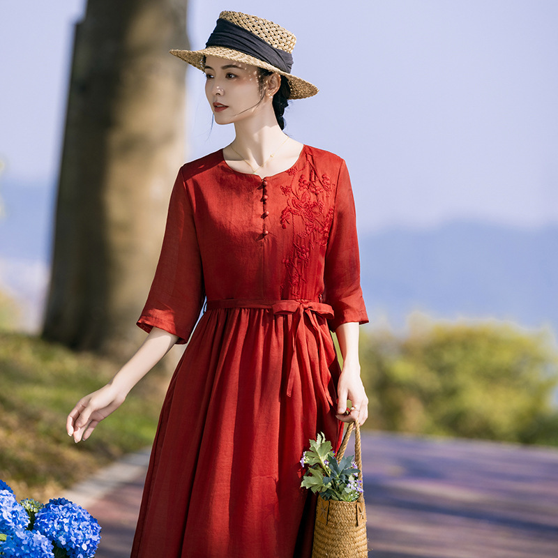 New Chinese style cotton linen women's Ramie dress 2024 spring and summer New Round Neck National style retro improved cheongsam wholesale