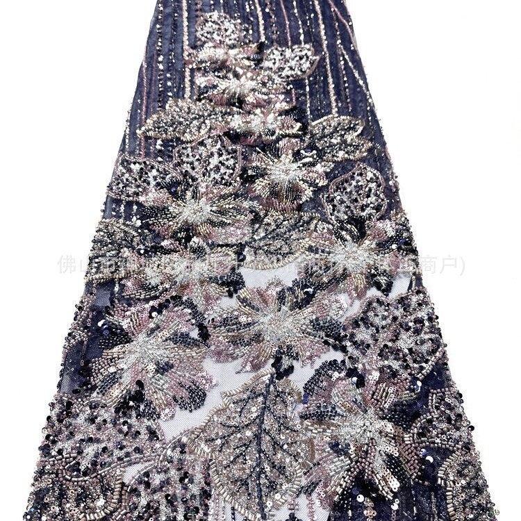 Flores tridimensionales hoja de clavos de cuentas bordadas tela de vestido de boda fabricantes de diseño de cuentas de diseño de tela de bordado de tubería pesada image 2