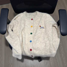 秋冬糖果色扣子毛衣开衫女小狗刺绣软糯外套甜美百搭美式复古上衣