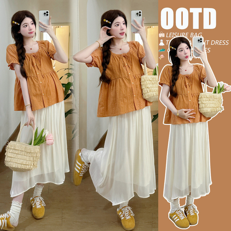 Real shot pregnant women 2025 summer new doll shirt French temperament bubble sleeve shirt streamer drag belly skirt set