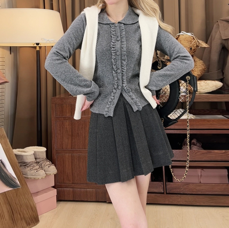 Classic Zhongding Cashmere Doll Collar Retro Slim Sweater for Women Autum High-End Elegant Versatile Cardigan Top