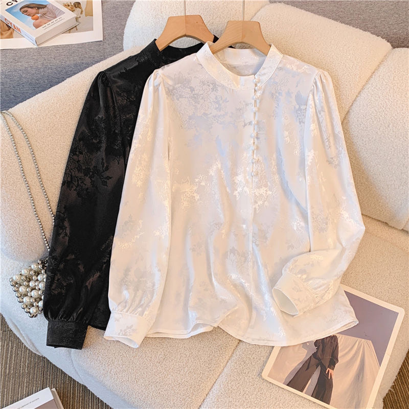 Plus Size Women's Early Spring and Autumn New Chinese Style Satin Shirt, Fat Belly-Covering, Slimming and Stylish Shirt, Bottoming Top