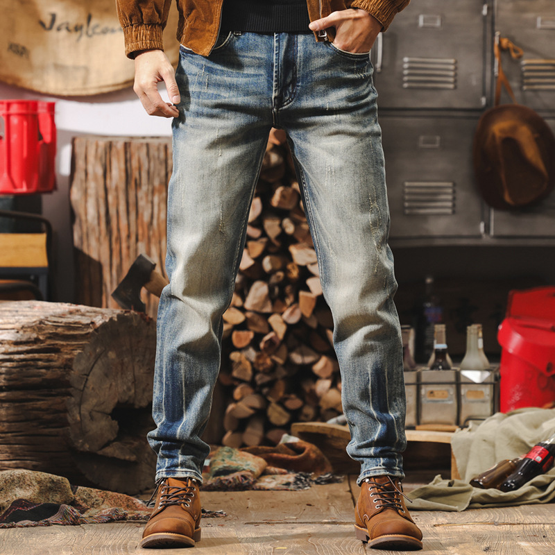 American Retro Jeans Men's 2025 New Autum Tough Guy Western Motorcycle Distressed Washed Straight Casual Pants