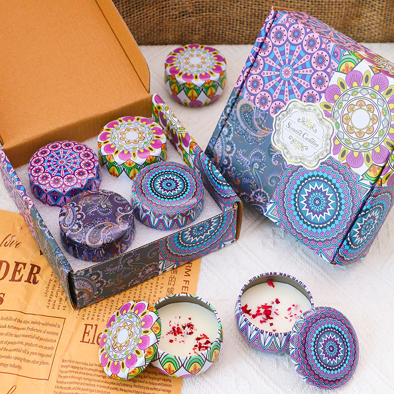 Export Cross-Border Tinplate Dried Flower Candle Aromatherapy Smokeless Soy Wax Ethnic Style Aromatherapy Candle Gift Box Set