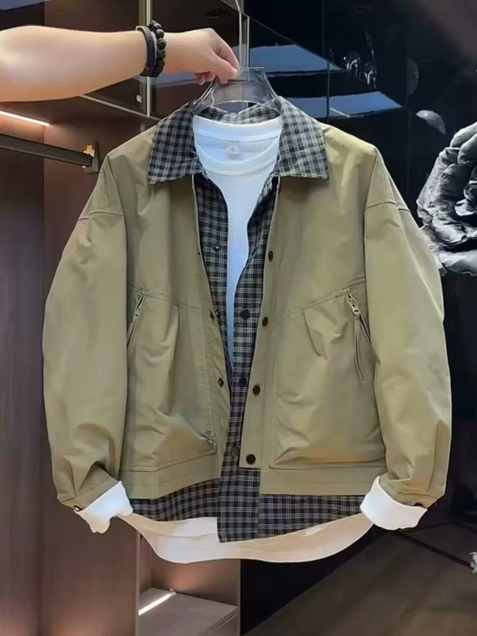 Herren Karo Arbeitsjacke Mit Revers Jugendlicher Trendblouson_voghion.com