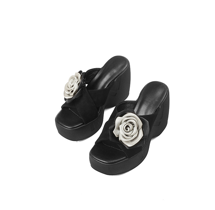 Dép sandal nữ quai chữ V đế xuồng cao gót 9 cm — màu đen, bạc chi tiết 25