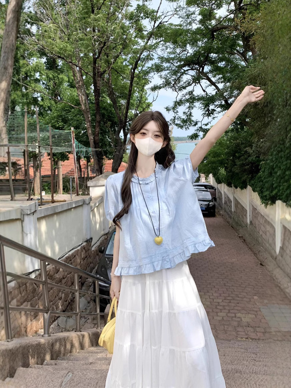 韓国カレッジスタイル2025夏韓国風小ぶりフレッシュ木耳襟万能ゆったりシャツ小柄シャツ|undefined