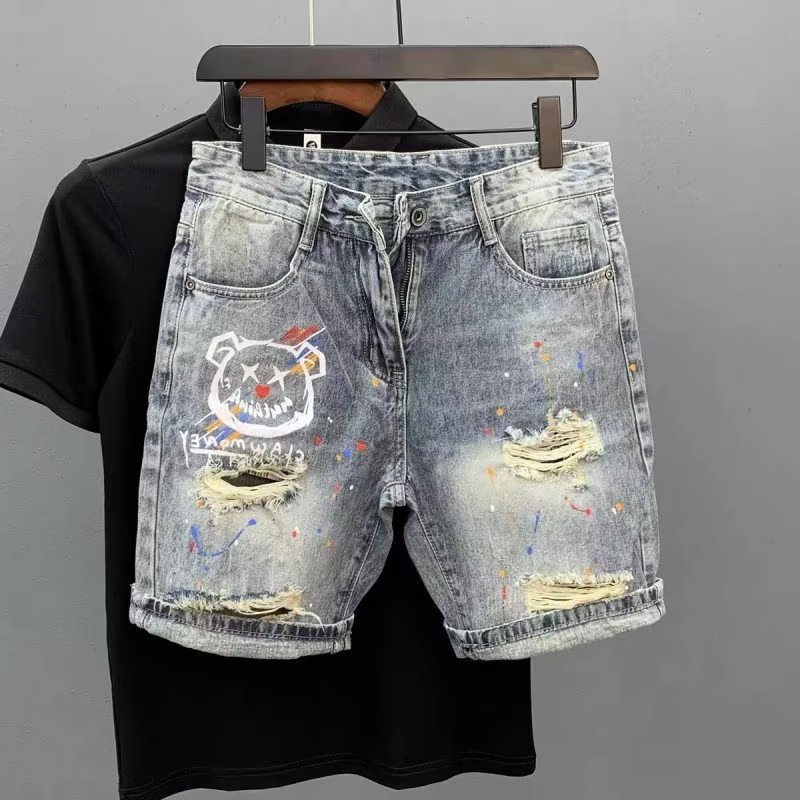 Summer Thin Fashion Ripped Patch Denim Shorts Men's Trendy Versatile Whiskered Distressed Five-Point Pants