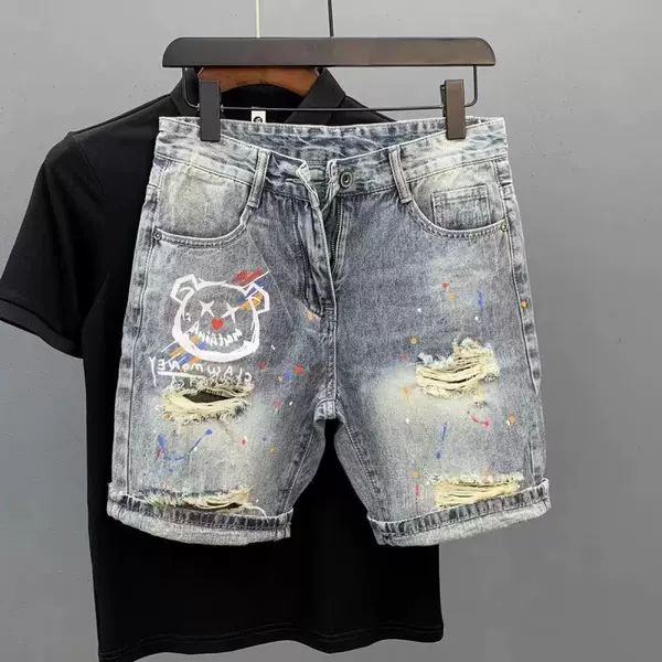 Summer Thin Fashion Ripped Patch Denim Shorts Men's Trendy Versatile Whiskered Distressed Five-Point Pants