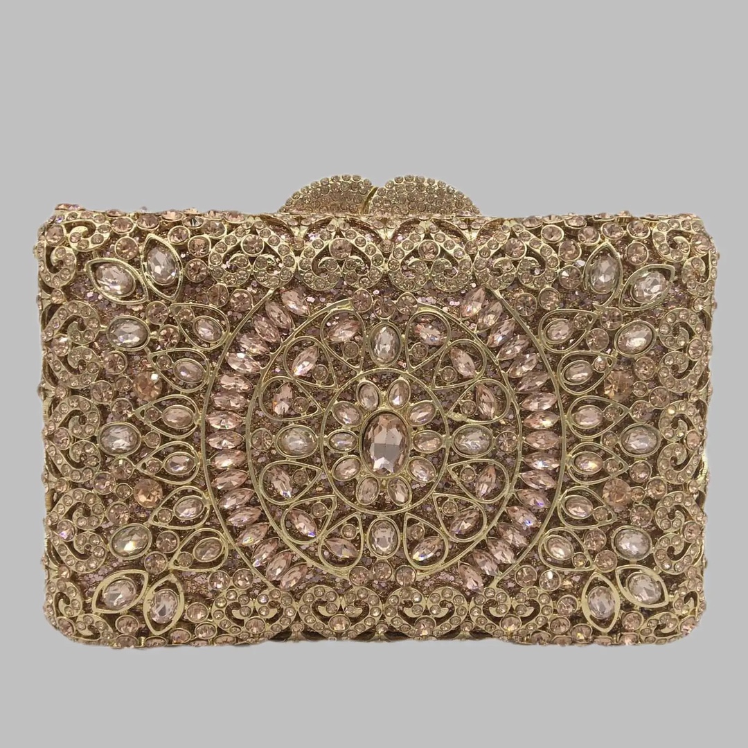 Túi clutch nữ đính đá dạ hội hộp vuông kim loại rỗng phong cách châu Âu — Màu bạc xanh lam, Màu vàng lam, Màu Sâm panh, Màu bạc