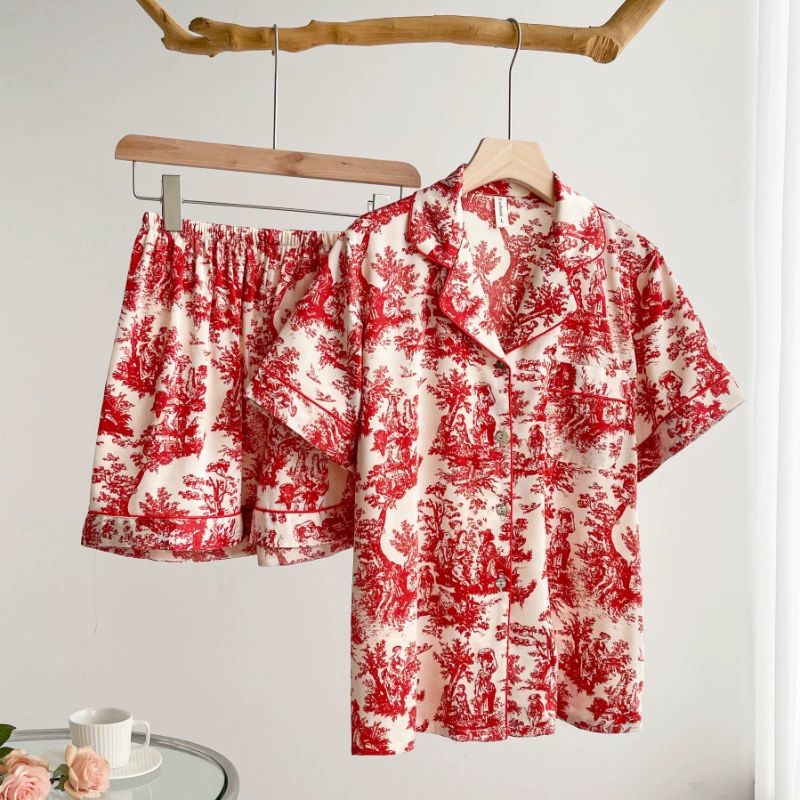 Богатая семья дочь поздно красный принт с короткими рукавами Домашняя одежда женский ледяной шелк тонкий высокого класса элегантный нишевый Пижамный костюм