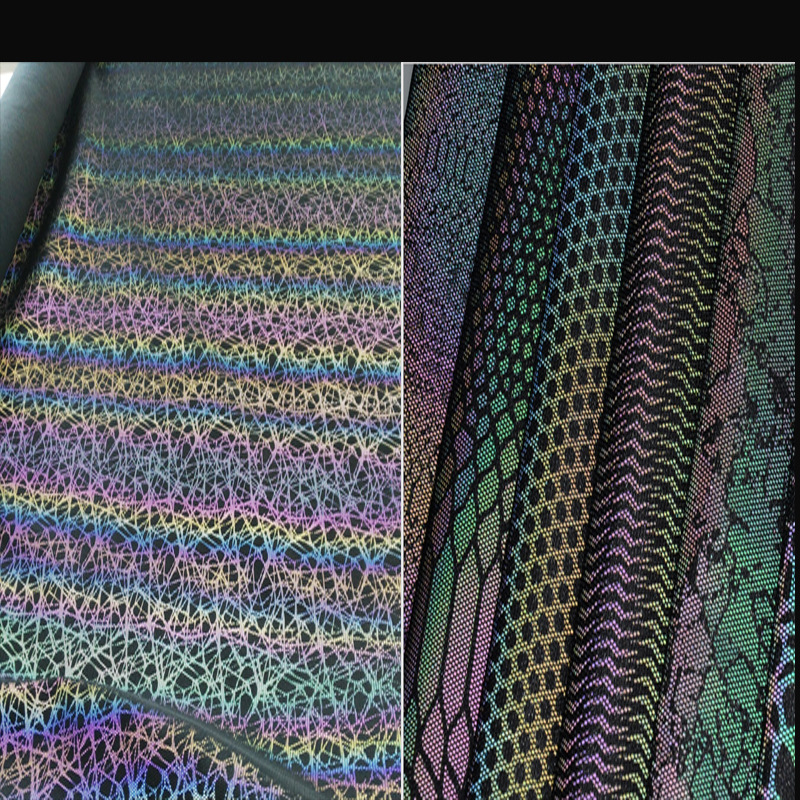 现货供应冲孔反光弹力布幻彩鞋材反光布银色冲孔面料七彩印花鞋材