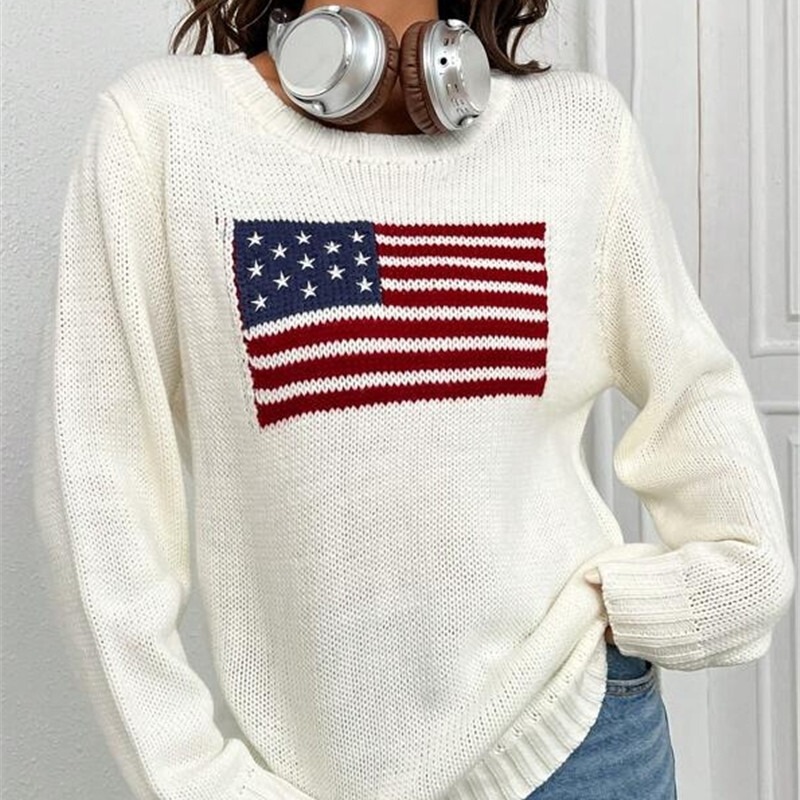 Amazon European and American Cross-Border Autumn and Winter New Loose Round-Neck Sweater with Flag Pattern, Simple and Versatile Knit Sweater Amazon European and American Cross-Border Autumn and Winter New Loose Round-Neck Sweater with Flag Pattern, Simple and Versatile Knit Sweater