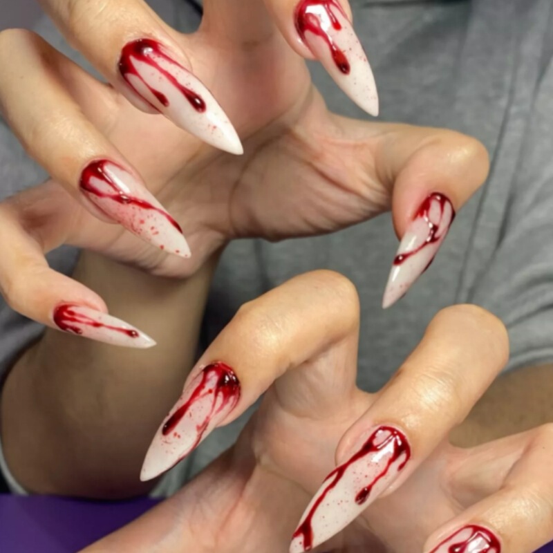 New European and American Halloween Wearable Nails, Personalized Hot Girl Manicure, Dark Horror Bleeding Almond-Shaped Fake Nails, 24 Pieces New European and American Halloween Wearable Nails, Personalized Hot Girl Manicure, Dark Horror Bleeding Almond-Shaped Fake Nails, 24 Pieces