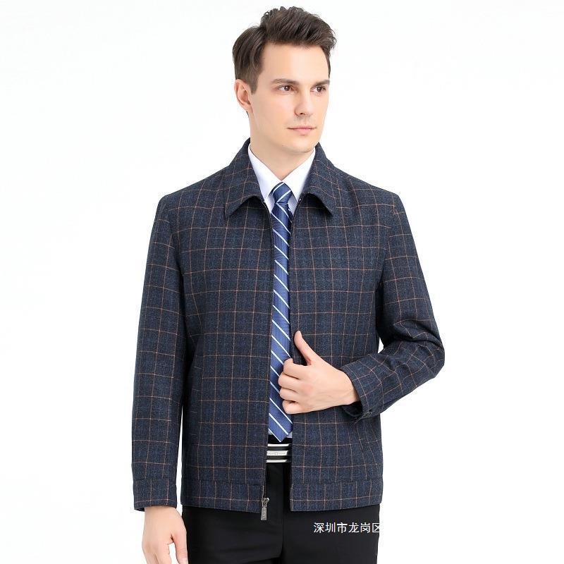 Popular Spring and Autumn New Men's Business Casual Jacket Non-ironing Middle-aged and Elderly Dad Plaid Wool Lasel Jacket