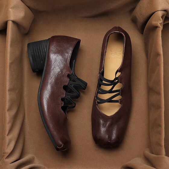 Sheepskin Retro Pleated Square Toe Shoes Cross Strap High Heel Ballet Shoes Pig Nose Thick Heel Mary Jane Shoes