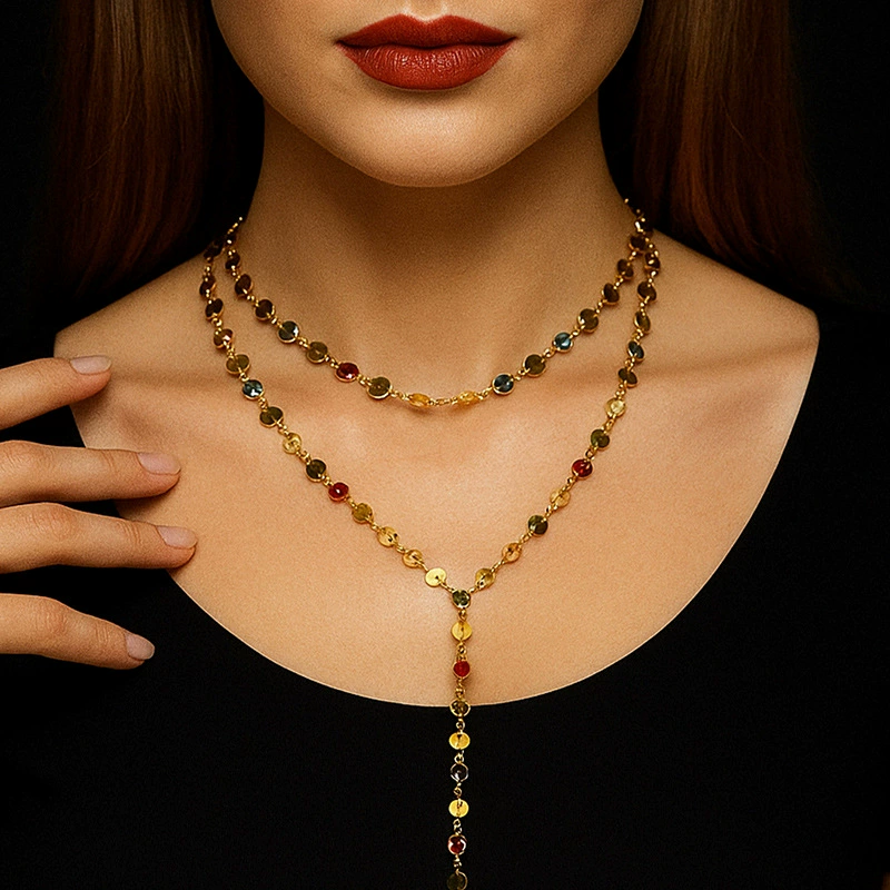 Европейское и американское трансграничное красочное ожерелье со стразами, нишевый дизайн, двухслойное длинное ожерелье, аксессуары для пляжной вечеринки