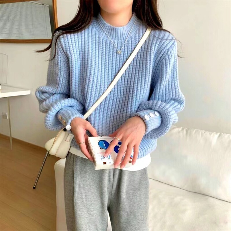 韩版秋冬季新款 纯色灯笼袖套头毛衣女设计感时尚休闲 内搭针织衫|undefined