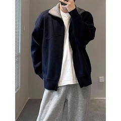 藏青色撞色翻领针织开衫外套男秋季高级感宽松休闲垂感慵懒风毛衣