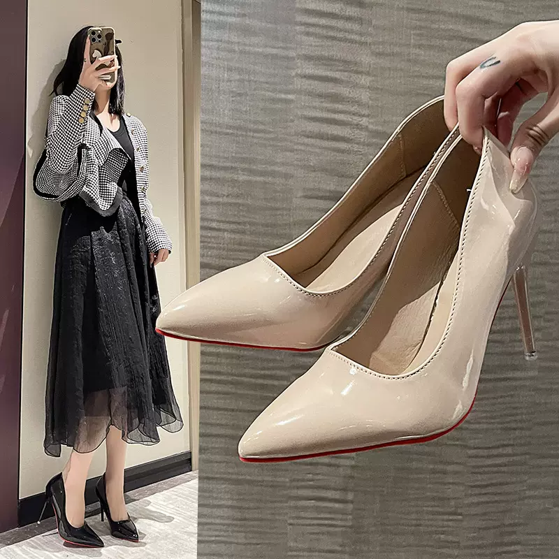 2025冬季新款欧美风尖头细跟浅口漆皮时装高跟鞋大码时装单鞋女